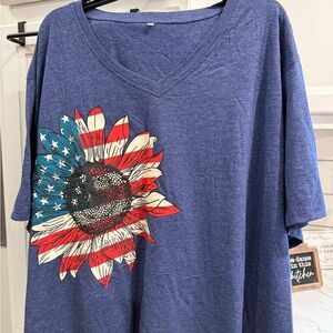 Blue V-Neck T-Shirt with American Flag Sunflower